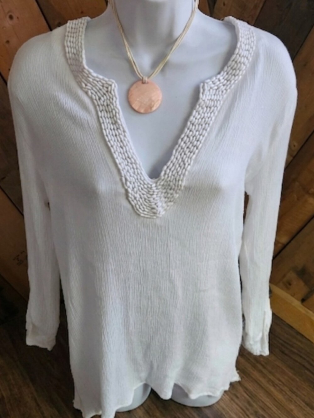 Beaded V-Neck Gauze Tunic Top Flowy Small Boho Coastal Lightweight